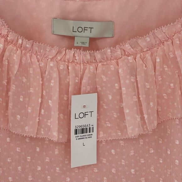 Loft Clip Dot Ruffle Shell Blouse Top Short Cap Sleeves Pink Women Large NWT - Picture 3 of 5
